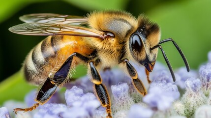 Close-up of a bee pollinating a purple flower with green background