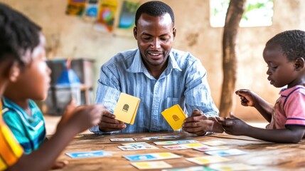 Fototapeta premium A teacher and two students play a card game together