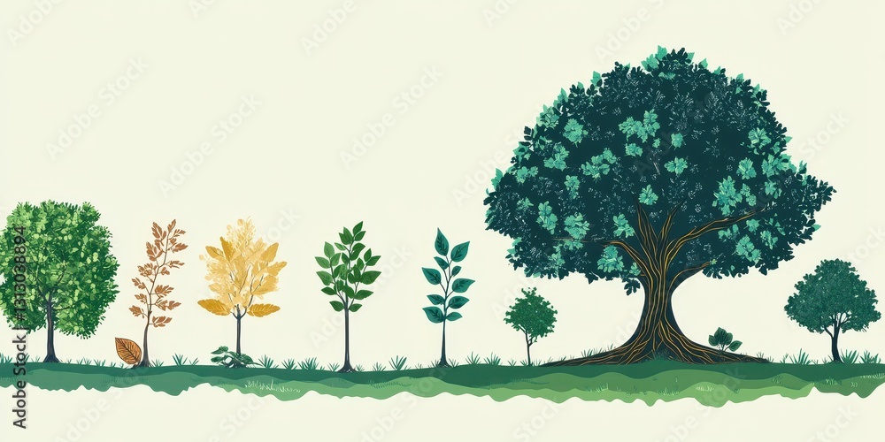 Poster colorful array of illustrated trees depicting different stages of growth