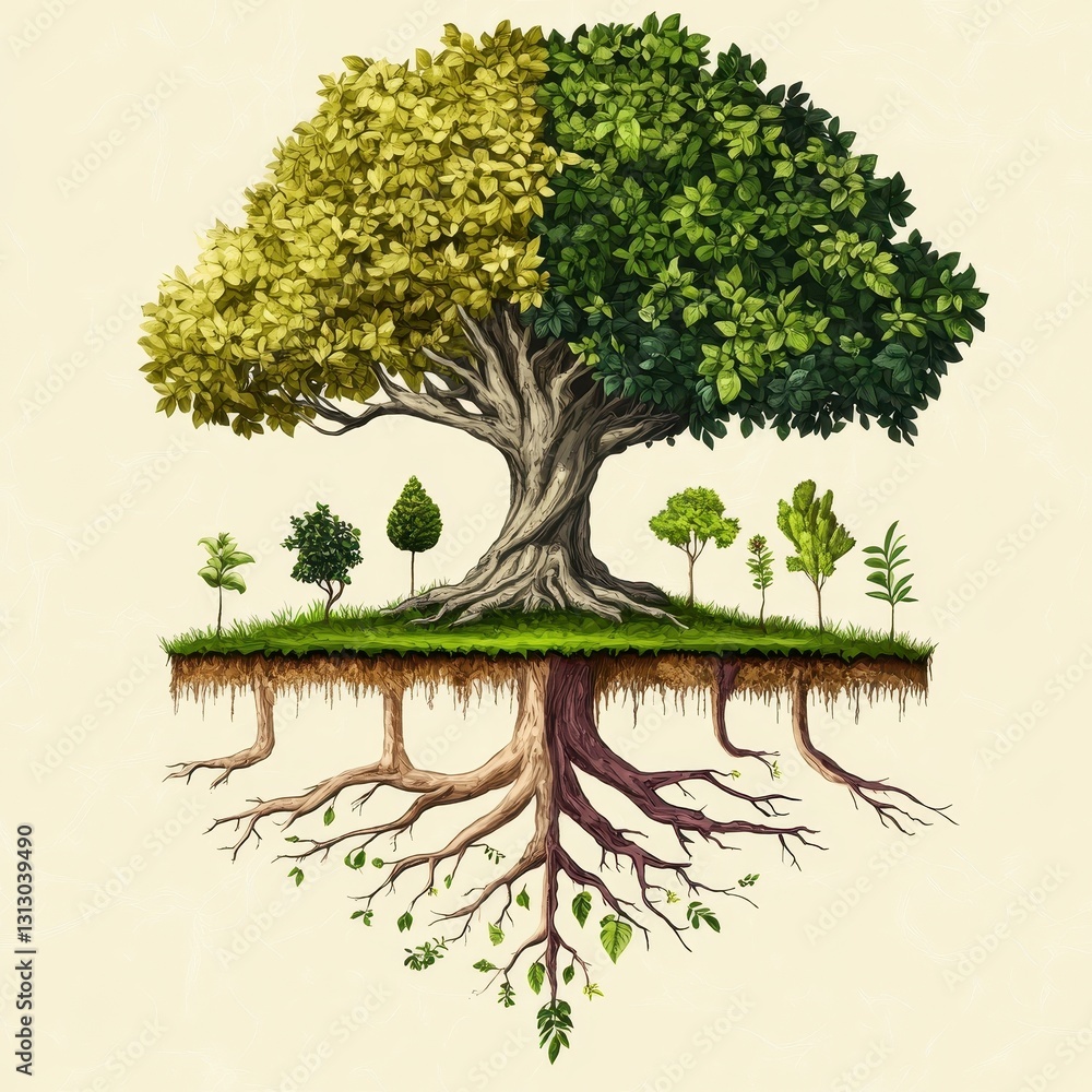 Poster a large stylized tree with visible roots and smaller trees