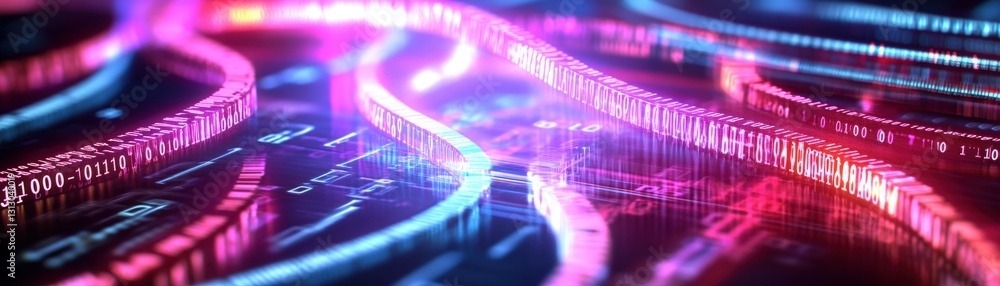 Poster computer keyboard with glowing pink and blue background creating a striking contrast in a digital en