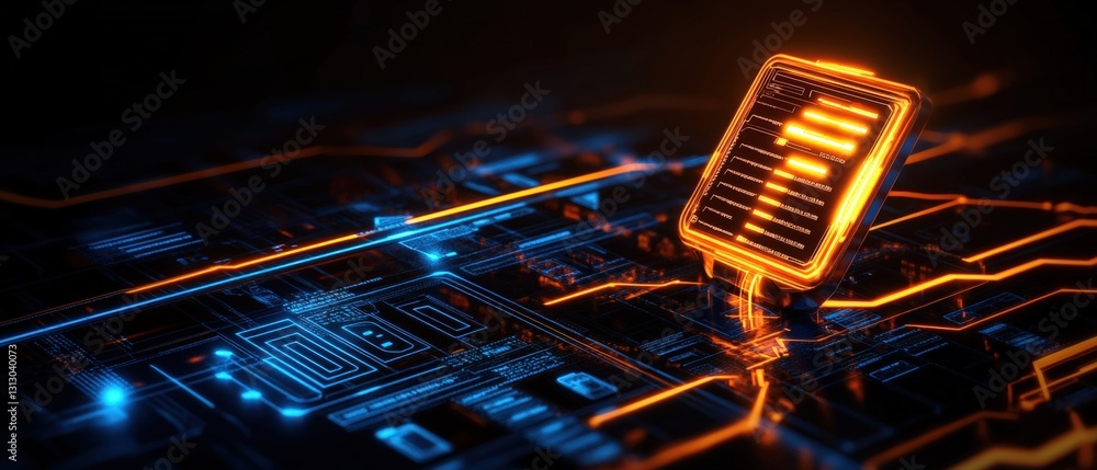 Poster smartphone positioned on a complex circuit board with digital compliance checklist in a photorealist