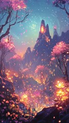 Fototapeta premium A vibrant fantasy landscape featuring mountains and blooming pink trees