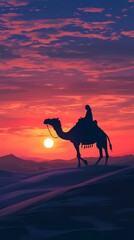 silhouette of a camel and rider in a desert landscape against a vibrant sunset sky. illustration with a tranquil and exotic mood.