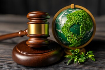 Wooden Gavel and Green Globe on Wooden Surface