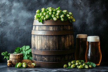 Wooden Barrel with Fresh Hops and Beer Glasses on Dark Background