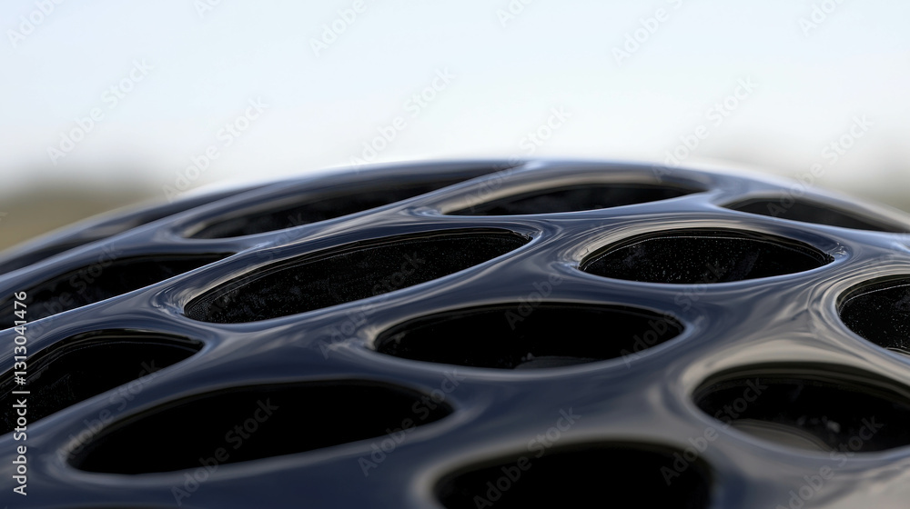 Poster close-up view of glossy black surface with unique holes and patterns in natural lighting