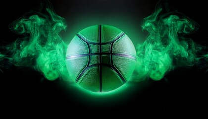 a glowing green basketball on a black background with smoke