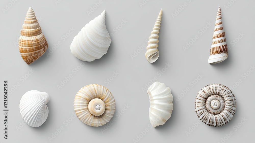 Poster an array of beautifully arranged seashells displaying unique shapes and textures on a soft gray back