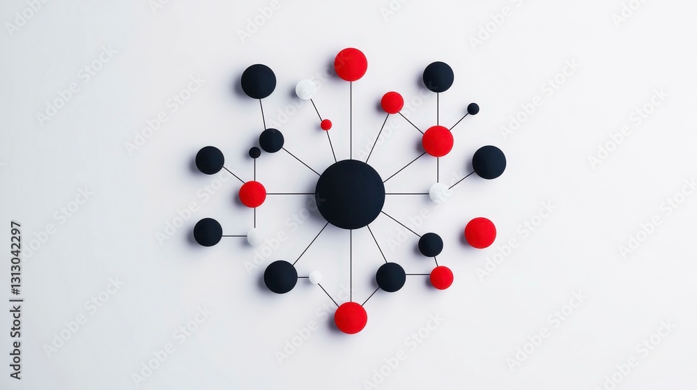 Poster a contemporary and abstract representation of a network system with red, black, and white circular n