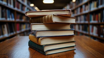 Stacked Vintage Books On Wooden Table In Library