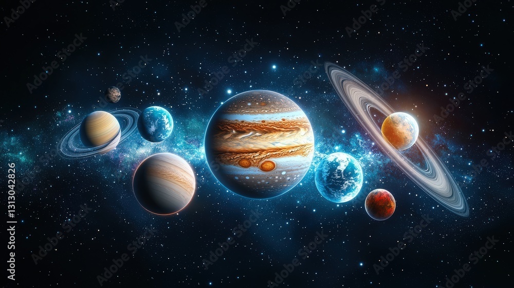 Poster a 3d astronomy scene with planets, stars, and space phenomena, captured in hd 8k with smooth lines a