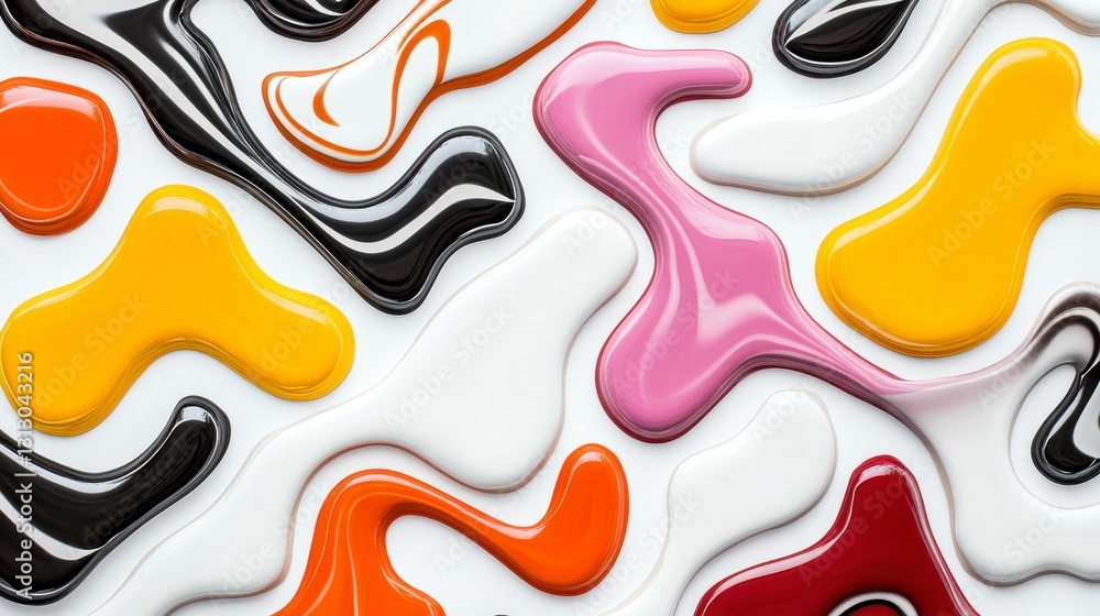 Poster colorful abstract design featuring vibrant paint blobs blending harmoniously on a white surface to c