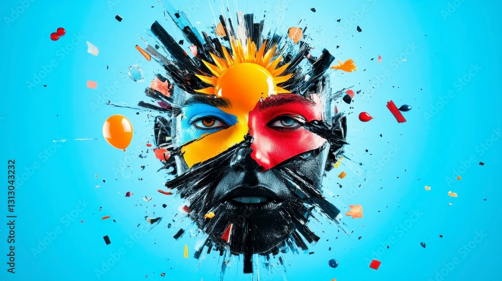 Poster explosive creative expression of a human face splintering into vibrant colors and dynamic shapes