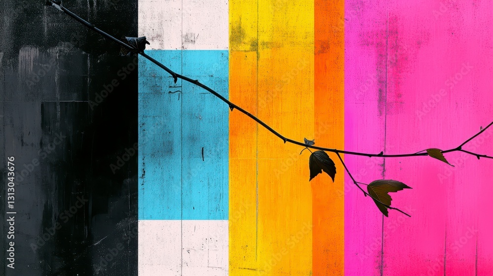 Poster a vibrant abstract composition with a colorful background and a delicate branch highlighting nature'