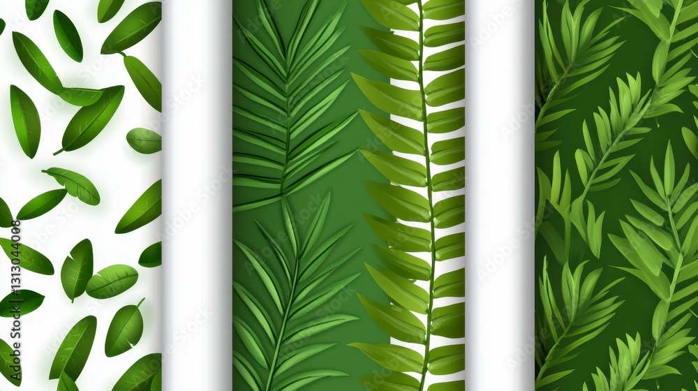Poster a vibrant collection of botanical patterns featuring various leaf designs with subtle gradients illu