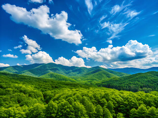 Obraz premium mountain landscape with blue sky. landscape, sky, nature, mountain, summer, forest, grass, green, cloud, mountains, tree, hill, field, clouds, meadow, view, countryside, spring, beautiful, travel, val