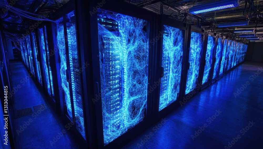 Aufkleber high-tech data center with illuminated server racks and fiber optic connections in a modern digital 