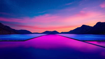 Selbstklebende Fototapeten A serene landscape of solar panels reflecting vibrant sunset colors over tranquil waters, surrounded by majestic mountains © Gefo