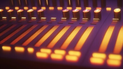 Illuminated audio mixing console ready to adjust sound levels