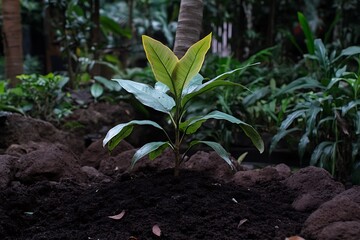Young Tropical Plant Sprout Growing in Dark Soil