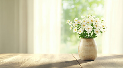 Vase of fresh white daisies on wooden table with sunlit background