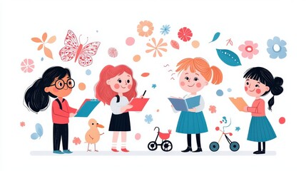 Fototapeta premium A charming illustration capturing a diverse group of teens engaged in special education activities, combining cute elements with soft paper tones