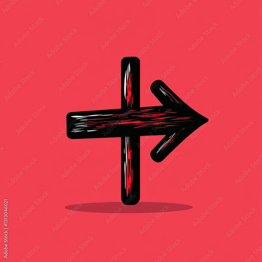 Poster stylized black and red arrow symbolizing direction and movement on a vibrant red background