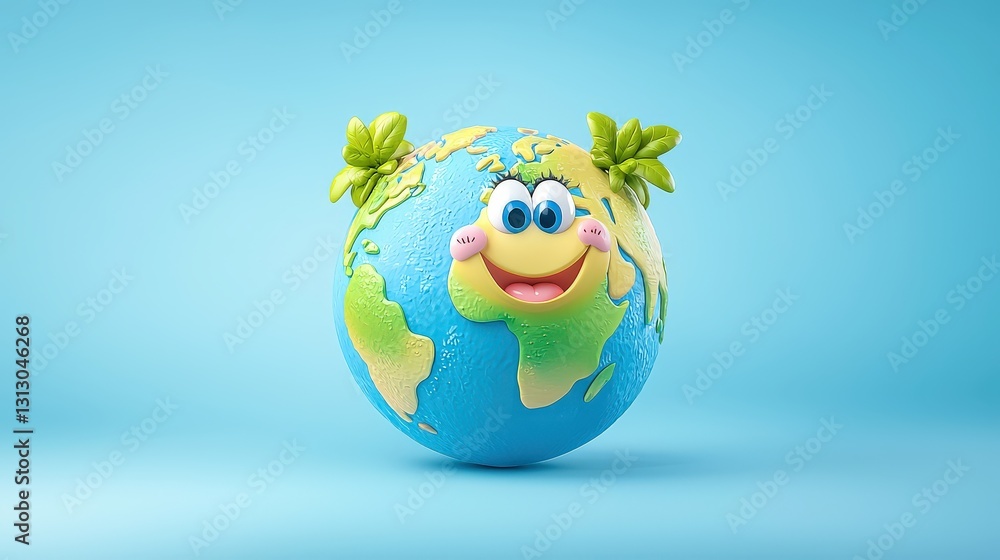 Poster a colorful 3d cartoon globe with exaggerated features, such as smiling faces on continents, rendered