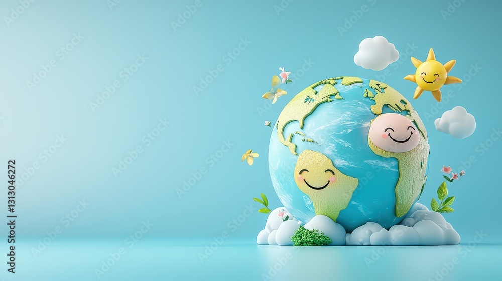 Poster a colorful 3d cartoon globe with exaggerated features, such as smiling faces on continents, rendered