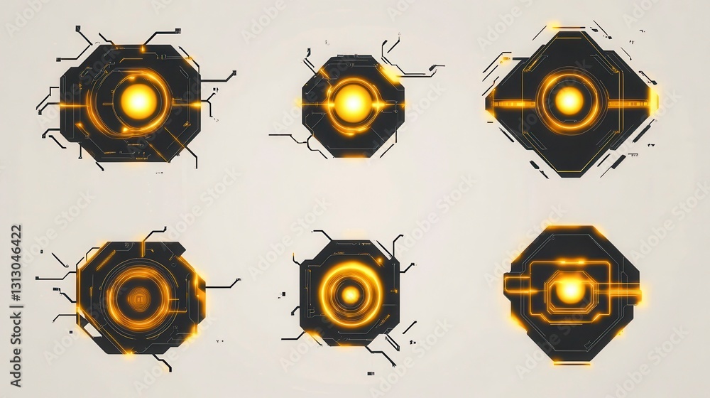 Poster futuristic digital interfaces showcasing glowing circular designs with intricate circuitry and vibra