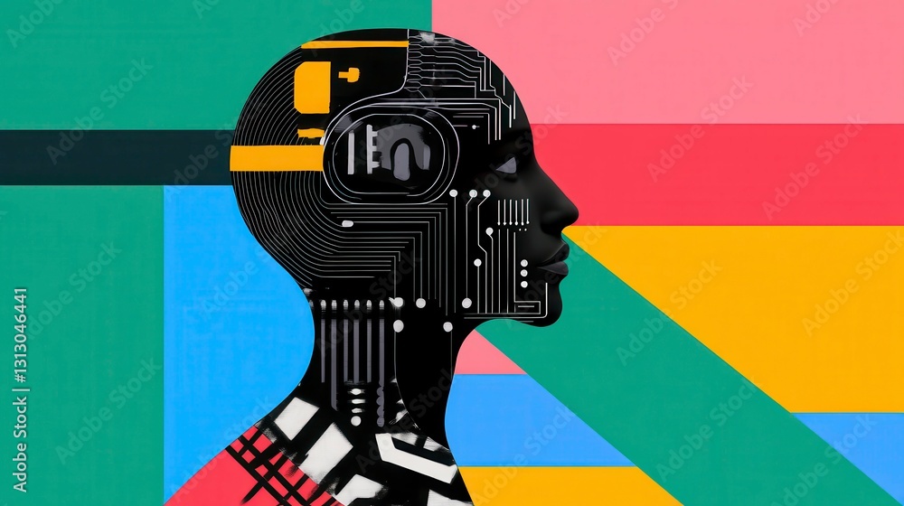 Poster a vivid abstract representation of a futuristic silhouette with circuit patterns symbolizing technol