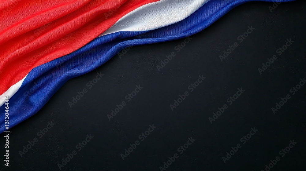 Poster silky dutch flag fabric cascading over a dark textured background, creating a vibrant and dynamic vi