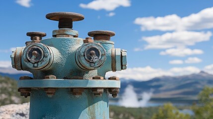 Fototapeta premium Rusty blue valve with gauges on a rocky outcrop against mountain view