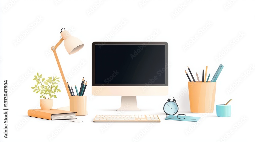 Poster a delightful digital classroom scene with a computer at the center, surrounded by minimalistic decor