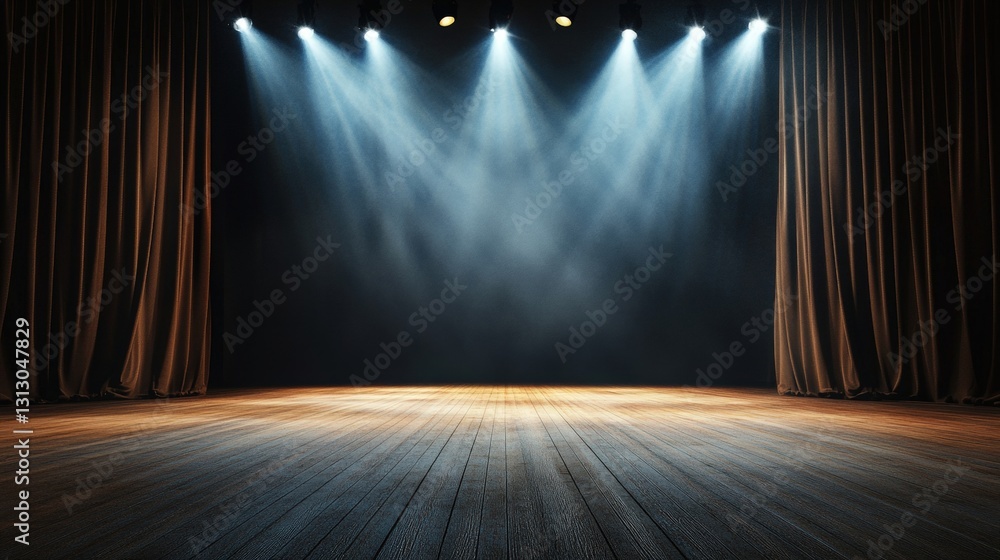 Poster a stage with a spotlight and wooden floor surrounded by empty curtains creating an inviting performa
