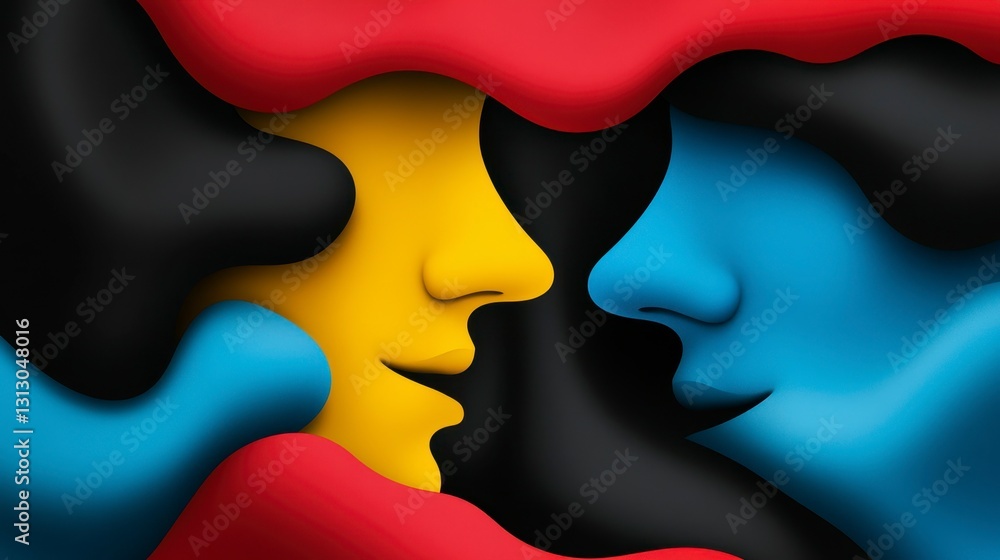 Poster abstract interplay of colors and shapes depicting two human faces in a serene encounter, emphasizing
