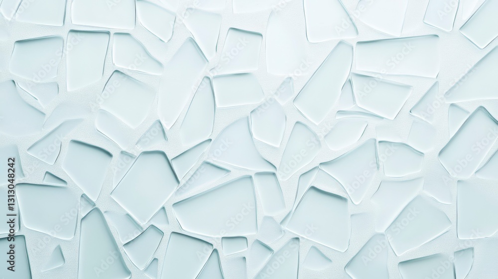 Poster abstract background of broken glass pieces arranged on a white surface, creating a textured and mode