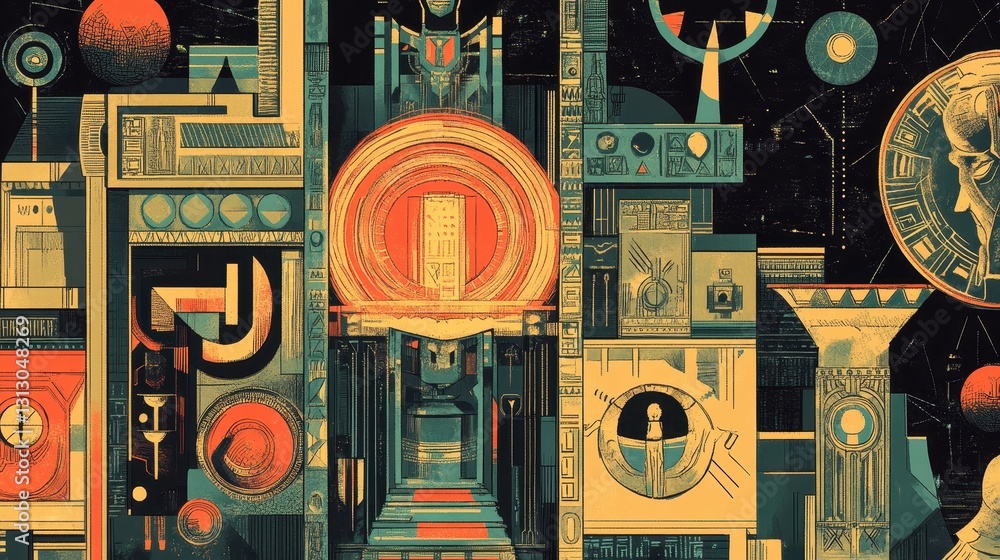 Poster abstract depiction of architectural structures and celestial bodies