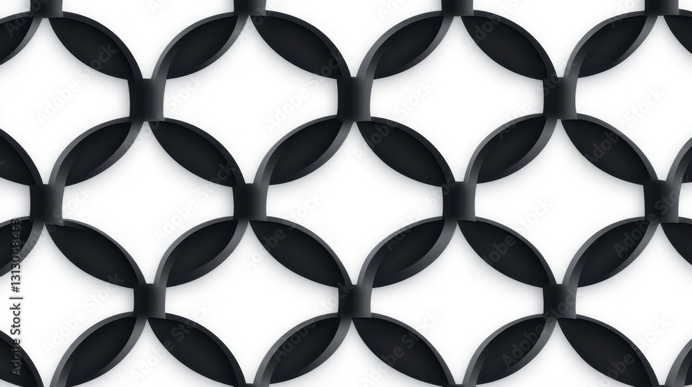 Poster intricate black and white geometric pattern showcasing interconnected loops and curves for modern de