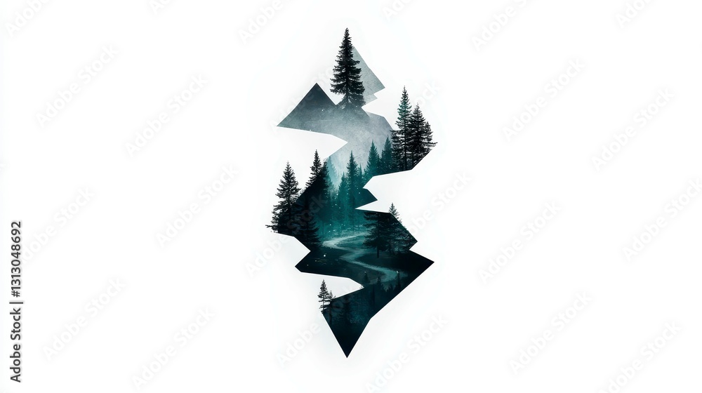 Poster a mesmerizing artistic representation of a mountain landscape with dense pine trees and a winding ri