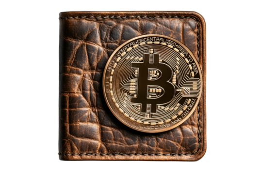 A leather wallet with a gold bitcoin isolated on transparent background