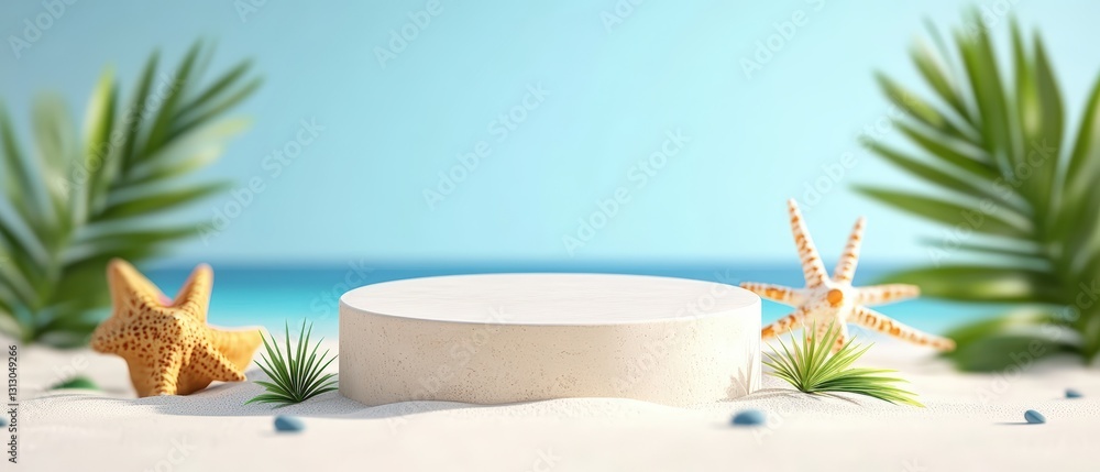 Poster elegant white box displayed with a beautiful starfish on its surface against a soft beach background