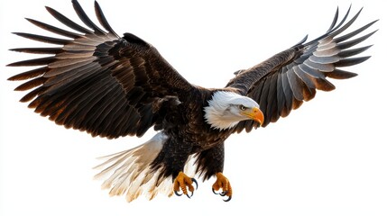 Obraz premium A large eagle is flying in the air with its wings spread wide