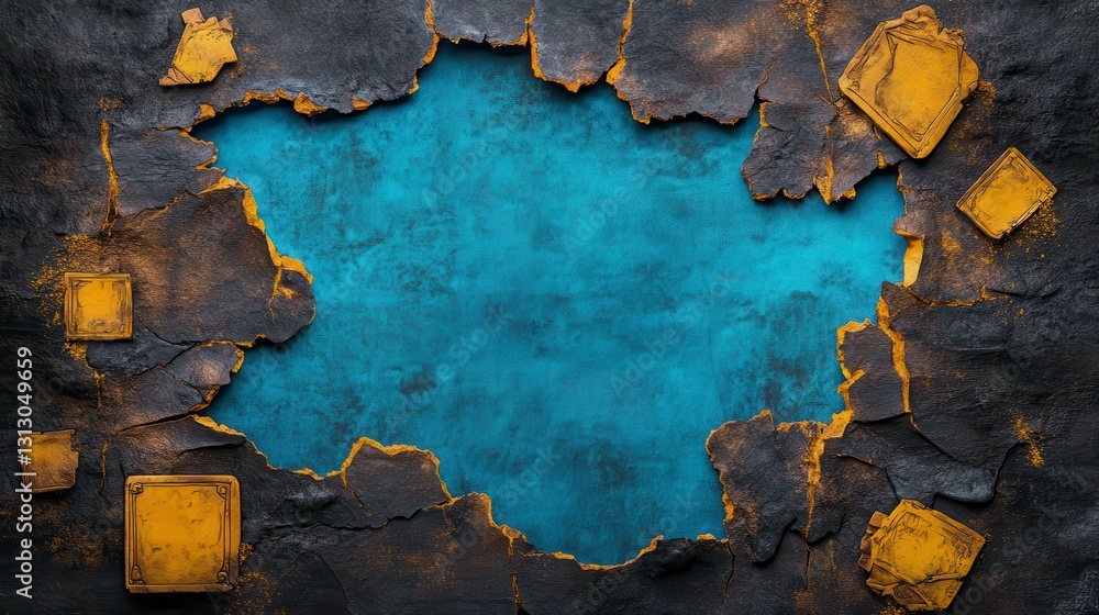 Poster textured backdrop with a blue center surrounded by distressed yellow frames and cracked surface elem