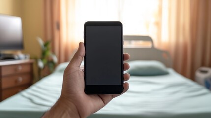 Hand holding smartphone with blank screen in bedroom, curtains in background