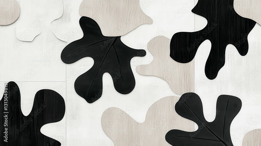 Poster abstract arrangement of black and neutral leaf shapes on a smooth surface, creating a modern artisti