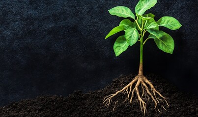 Naklejka premium Young Plant with Visible Roots in Dark Soil