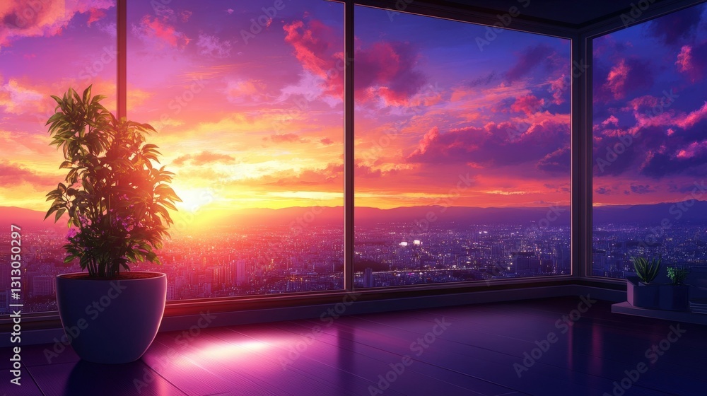 Poster breathtaking sunset view framed by a large window creating a warm and inviting atmosphere in a cozy 
