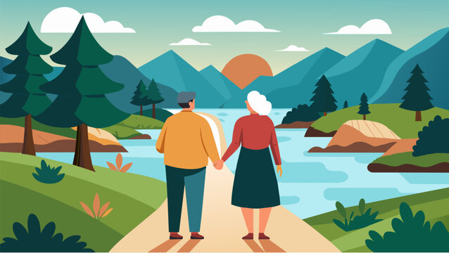 An older couple holding hands as they walk alongside a peaceful river taking in the tranquil sights and sounds of nature.. Vector illustration
